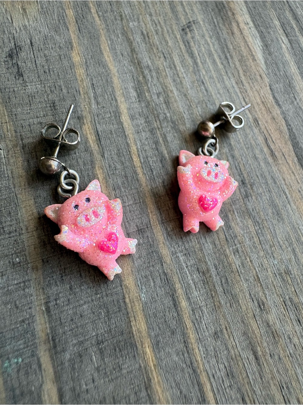 Pink Glitter Pig Charm Earrings